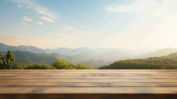 Natural Elegance. Empty wooden table set against a breathtaking landscape, bathed in daylight photo