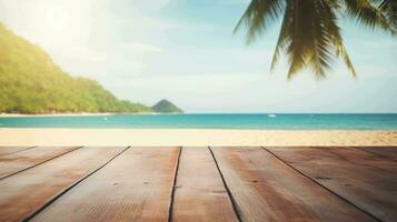 Seaside Product Showcase. An empty wooden table against a stunning beach backdrop in daylight photo