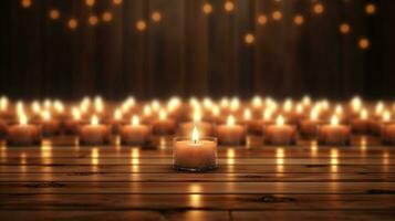 candles lighting on the wooden floor background. generative AI photo