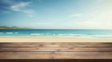 Seaside Product Showcase. An empty wooden table against a stunning beach backdrop in daylight photo