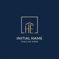 Initial HE square lines logo, modern and luxury real estate logo design vector