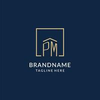 Initial PM square lines logo, modern and luxury real estate logo design vector