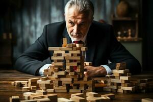 A businessman builds a pyramid, a tower of wooden cubes. Business strategy.Generative AI photo