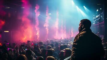 A lone Dark-skinned man in the audience at a concert looks out at the audience.Generative AI photo