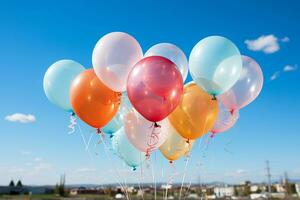 Multicolored balloons on the background of blue sky.Generative AI photo