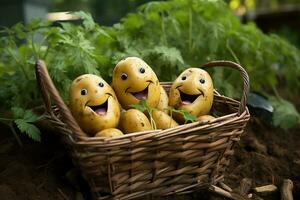 Mutant potatoes with eyes in a wicker basket.Generative AI photo