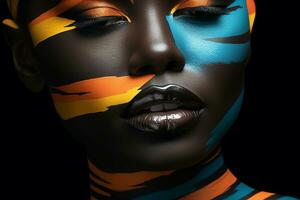 Moda retrato de africano mujer en vistoso maquillaje en negro fondo.generativo ai foto