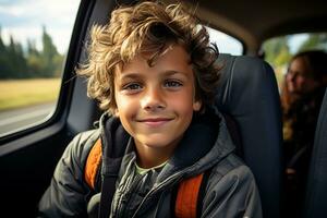 A boy of ten smiles in the interior of a car driving on the way to school.Generative AI photo