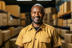 A delivery employee in a logistics warehouse against a background of cardboard boxes.Generative AI photo