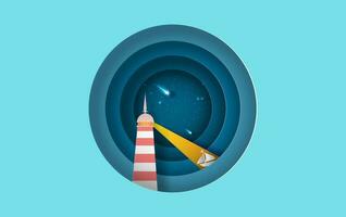 illustration of Island with lighthouse Lighting boat on sea view at night the star on sky circle concept,Summer time night season Graphic design simple circle Seaside, Paper craft and cut style.vector vector