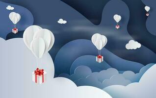 3D paper art and craft style of balloon white  floating and Gift Box on in the air night blue sky.Your text space background vector.Festival decorations for card concept.Christmas,vector.illustration vector