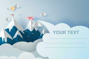 3d illustration art of airplanes flying above mountains on blue sky.Creative design Paper cut and craft style of business teamwork or targeted mountain concept idea.scene your text space.vector vector