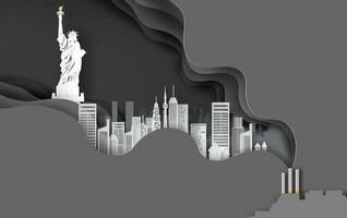 paper craft and art of cigarette with cityscape concept.Abstract curve wave layer black background,architecture in new york usa. Creative design smoking idea color simple.paper cut.illustration.vector vector