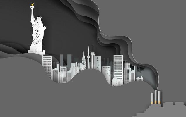 paper craft and art of cigarette with cityscape concept.Abstract curve wave layer black background,architecture in new york usa. Creative design smoking idea color simple.paper cut.illustration.vector