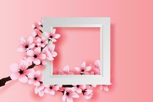 illustration of paper art and craft white frame spring season cherry blossom concept,Springtime with sakura branch, Floral Cherry blossom with pink flowers on place text space pink background,vector. vector