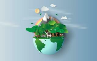 ilustración de reno en verde arboles bosque, creativo origami diseño mundo ambiente y tierra día concepto idea.paisaje fauna silvestre con ciervo en verde naturaleza planta por arco iris pastel.papel corte, artesanía vector