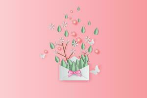 illustration of Spring leaf and flower decoration on placed text background, Paper cut and craft springtime style pastel color,Design by paper letters or envelope concept,Paper art style sweet,vector. vector