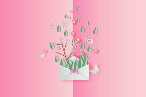 3D Paper art of illustration Spring leaf and flower decoration on placed text background, Paper cut and craft springtime style pastel color,Design by paper letters or envelope concept,sweet,vector. vector