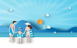 illustration of Rear view Young family having Happy fun on the beach.People diving in rubber swim ring. Colorful pastel simple. Summertime on sea view paper cut and craft concept. Flat cartoon.vector vector