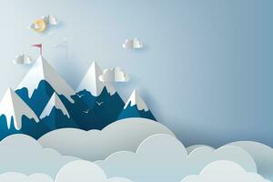 illustration of Landscape and cloud mountains and birds on blue sky.Creative design Paper cut and craft style of business teamwork targeted mountain concept idea.scene your text space pastel.vector vector