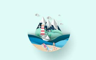 ilustración de viaje en fiesta vacaciones verano temporada circulo concepto, creativo Hora de verano dama mujer broncearse en playa idea papel arte y cortar estilo, mar ver paisaje isla relajación. vector. vector