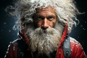 Papa Noel claus con un gris blanco barba que lleva regalos. fiesta tarjeta.generativa ai foto