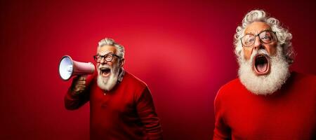 Senior man screaming into a loudspeaker isolated on red background.Generative AI photo