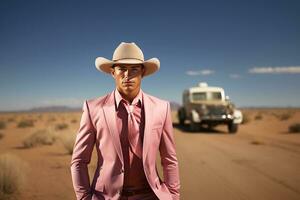 A brutal man in a pink suit and cowboy hat in Arizona.Generative AI photo