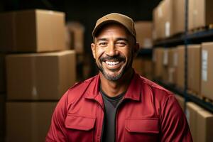 A delivery employee in a logistics warehouse against a background of cardboard boxes.Generative AI photo