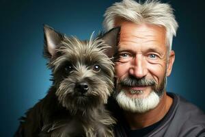 Portrait Elderly man with dog not blue isolated background. Generative AI photo