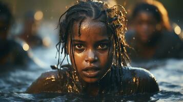 Hungary Ugandan children , Kilembe district as background, wrestling with spirit focus on eyes, fluid art, water splashes.Generative AI photo