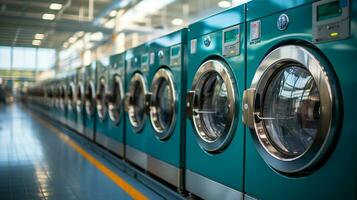 row of modern and clean washing machines in laundromat.Generative AI photo