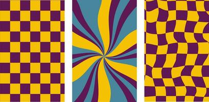 Collection of retro checkerboard backgrounds featuring vivid hues. A groovy and psychedelic chessboard backdrop inspired by the 60s and 70s. vector