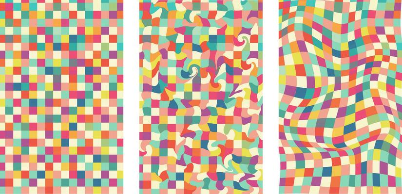 Collection of retro checkerboard backgrounds featuring vivid hues. A groovy and psychedelic chessboard backdrop inspired by the 60s and 70s.