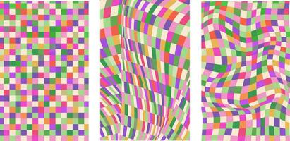Collection of retro checkerboard backgrounds featuring vivid hues. A groovy and psychedelic chessboard backdrop inspired by the 60s and 70s. vector