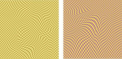 Collection of retro checkerboard backgrounds featuring vivid hues. A groovy and psychedelic chessboard backdrop inspired by the 60s and 70s. vector