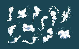 Smoke explosion animation of an explosion with comic flying clouds. Set of isolated vector illustrations to create an explosion effect. The effect of smoke movement, sparkle and dynamic boom.