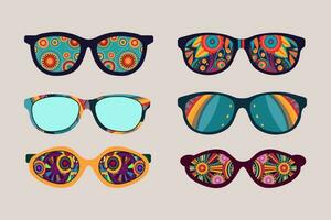 Set of geometric abstract sunglasses.70s retro hippie style.Vibes funky eyeglasses with deco elements.Vintage nostalgia psychedelic elements. vector