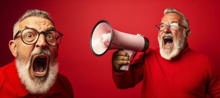 Two An Senior man shouting into a loudspeaker, isolated on a red background. Generative AI photo