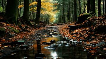 otoño paisaje, otoño vistoso bosque con un pequeño rio.generativo ai foto