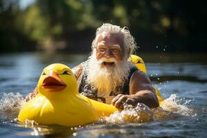 un mayor hombre con un sonrisa y un gris barba en un amarillo inflable circulo en el forma de un pato. segundo juventud.generativa ai foto