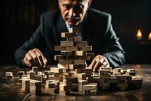 A businessman builds a pyramid, a tower of wooden cubes. Business strategy.Generative AI photo