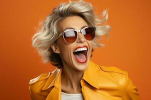 Joyful woman of mature years wearing sunglasses on orange background. Copy space.Generative AI photo