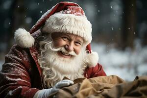 Papa Noel claus con un gris blanco barba que lleva regalos. fiesta tarjeta.generativa ai foto