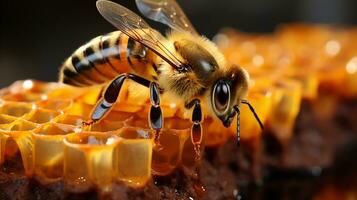 A close-up of a bee sitting on honeycomb.Generative AI photo