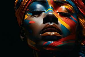 Moda retrato de africano mujer en vistoso maquillaje en negro fondo.generativo ai foto