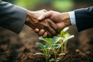 Two farmers shake hands in front of a wheat field. Generative AI photo