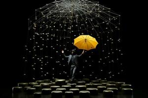 Man with yellow umbrella, black background.Generative AI photo