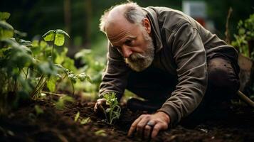 an older man is kneeling down in the dirt ai generative photo