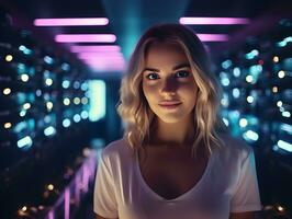 un mujer en un servidor habitación con neón luces ai generativo foto